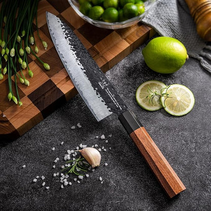 FAMCÜTE Customize Japanese Knife, Hand Forged 8 inch Chef Knife - High Carbon Steel 5 Layers 9CR18MOV Japanese Chefs Knife - Wood Handle Customizable Patterns and Copywriting Kitchen Knife for Gift