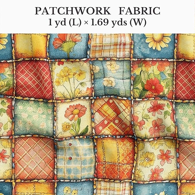 Sunny Garden Patchwork Cotton Fabric Panel 61 x 36.6 Inches, Floral Rustic Quilt Print, Multicolor Yellow Blue Red Tones, 100% Cotton 140 GSM