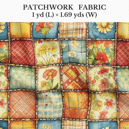 Sunny Garden Patchwork Cotton Fabric Panel 61 x 36.6 Inches, Floral Rustic Quilt Print, Multicolor Yellow Blue Red Tones, 100% Cotton 140 GSM