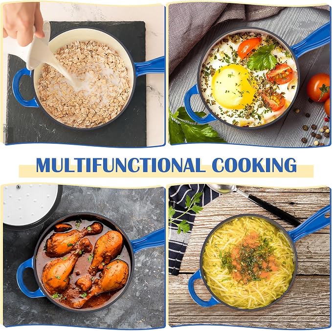 E-far Enameled Cast Iron Sauce Pan, 2 Quart Dutch Oven Saucepan with Lid, Small Sauce Pot for Cooking, Boiling, Healthy & Non Toxic, Induction & Oven Safe, Deep Blue