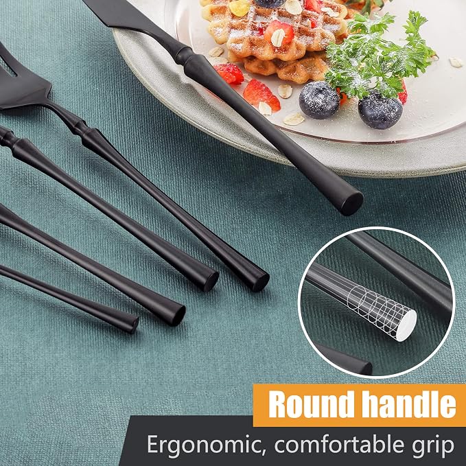 Lemeya 20-Piece Matte Black Silverware Set for 4,Modern 18/10 Stainless Steel Flatware Set,Unique Rustic Cutlery Utensils Set,Spoon and Fork Set for Home, Restaurant,Mirror Polished,Dishwasher Safe