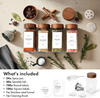EDELHAUS® Square Spice Jars with Acacia Wooden Lid (Pack of 24) Spice Jars with Shaker Insert and 240 Labels - Acacia Lids Glass Container for Spice Organisation [4.3 in × 1.8 in]