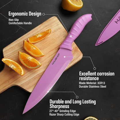 HAUSHOF Kitchen Knife Set, 12-Piece Colorful Knives Set with 6 Sheaths for Kitchen, Non-Stick Coated Stainless Steel Blades for Slicing, Dicing&Cutting, Gifts Knife Set for Dad, Mom, Husband and Wife