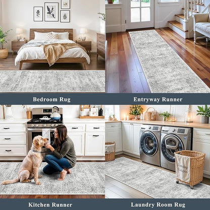 2x10 Runner Rug Non-Slip Washable Kitchen, Vintage Boho Carpet with Rubber Backing for Hallway Entryway Hall Holiday Farmhouse Neutral Cream Long Runners (Grey/Ivory,2'x10')