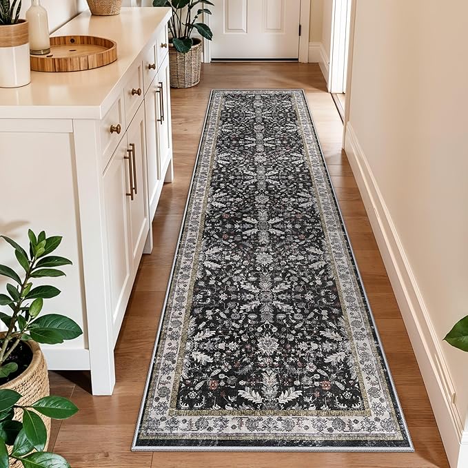 2x8ft Kitchen Rug Runners Washable Non Slip – Boho Floral Carpet Runner for Hallway, Bathroom, Bedroom, Entryway – Soft Low-Pile Thin Long Kitchen Floor Rug (Black, 2x8)