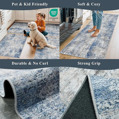 Kitchen Mats for Floor 3 Piece Set, Washable Non-Slip Farmhouse Kitchen Rugs for Hardwood Floor, Rustic Floral Boho Runner Rug for Sink,Entryway & Hallway & Bathroom (Blue/Grey/Ivory,2x3+2x4+2x5)