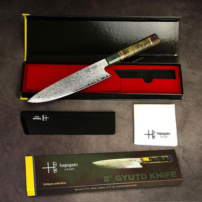 Damascus Chef Knife Gyuto Unique One Of Kind Handle Professional 8 Inch Japanese Chefs Kitchen Knife Vg10 67 Layers Damascus Steel Knive with Sheath