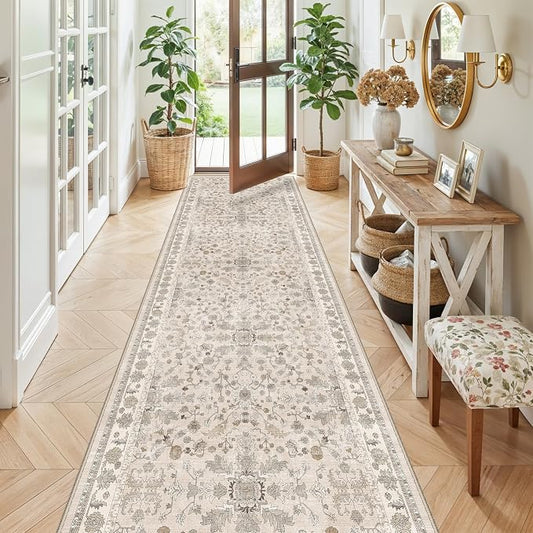 3x10ft Hallway Runner Rug Non-Slip Washable – Soft Long Carpet Runner for Kitchen Indoor Entryway,Boho Floral Low Pile Thin Wide Rug Runner with Rubber Backing (Beige,3x10)