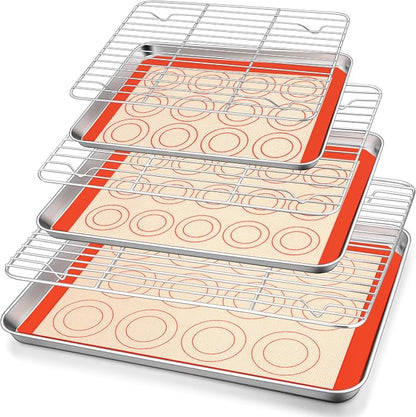 TeamFar Stainless Steel Baking Sheet with Rack Set, 10.5/12.5/16 Inch Baking Pan with Wire Rack & Silicone Baking Mat for Oven Baking, Cookies Sheets Set of 9 (3 Sheets + 3 Racks + 3 Mats), Easy Clean
