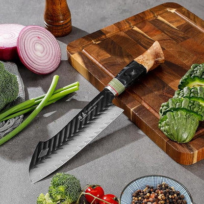 SHANGDAO Damascus Santoku Knife 7.5 Inch, 67 Layers Alloy Steel, With Professional Hand Forged Resin & Wood Handle QILIN Series