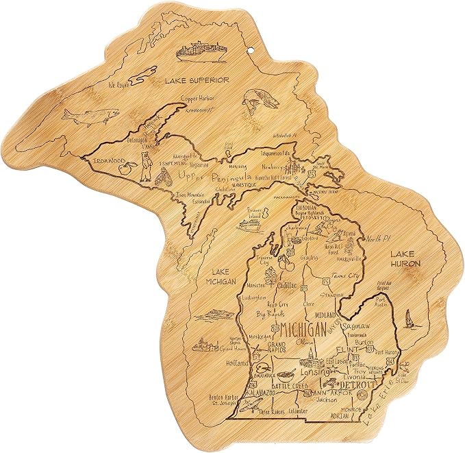 Totally Bamboo Destination Michigan State Shaped Serving and Cutting Board, Includes Hang Tie for Wall Display