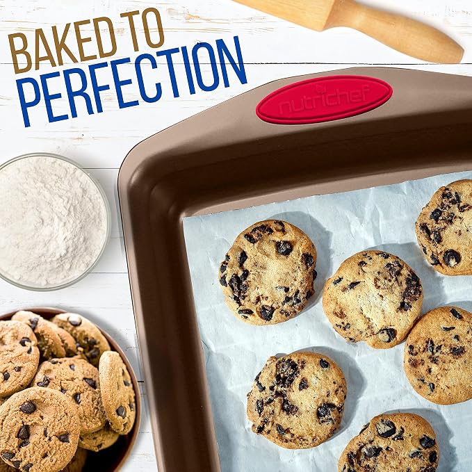 NutriChef 2-Piece Nonstick Baking Pan Set – Carbon Steel Cookie Sheet w/Red Silicone Grip Handles – Durable, Heavy-Duty Bakeware for Even Heat Distribution – Oven Safe, Easy Cleanup – Golden