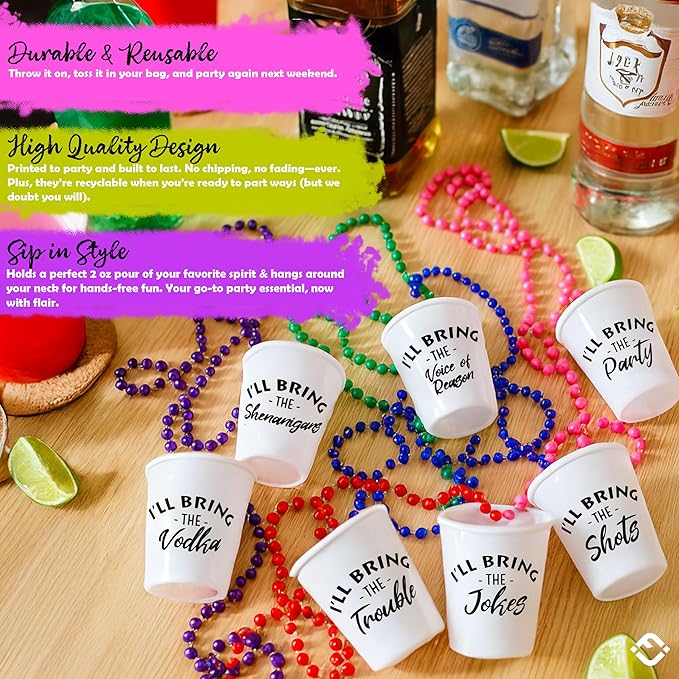 Funky Junque Bride Shot Glass Necklace Set - Bachelorette Party Shot Glass Necklaces with Fun Phrases for Girls Night out - 6 Pack - Girls Night Pack