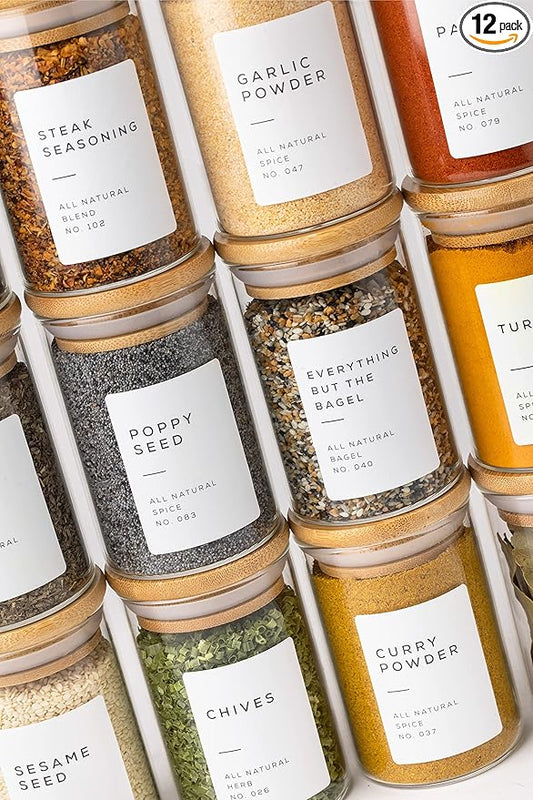 Bloomondo Glass Spice Jars with Label Pack (12x Bamboo Lid Glass Jar) Small 6oz Empty Spice Storage Bottles with 112 Printed Stickers and 48 Writable Pantry Labels for Seasoning Containers