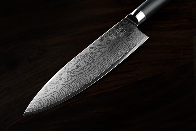 KAN Core Professional Chef Knife 8-inch VG-10 67 layers Damascus Ambidextrous (Non-Hammered Japanese VG-10 Blade, Ebony Handle)