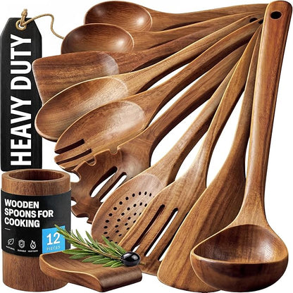 Zulay Kitchen 12-Piece Teak Wooden Utensils for Cooking - Natural Teak Utensil Set with Premium Gift Box - Non-Stick Wooden Spoons for Cooking - Kitchen Gift Set - Comfortable Grip Wooden Utensil Set
