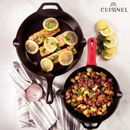 Cuisinel Pre-Seasoned Cast Iron Skillet 2-Piece Set (10-Inch and 12-Inch) Oven Safe Cookware - 2 Heat-Resistant Holders - Indoor and Outdoor Use - Grill, Stovetop, Induction Safe
