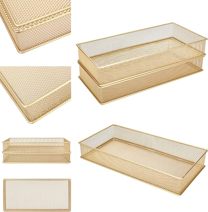 Annova Mesh Stackable Drawer Cabinet and Shelf Organizer Bins Storage Basket School Office Supply Holder Tray- Set of 2 (Gold, 6x12x2 Inch)