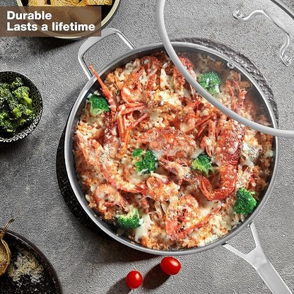 Yeksum 12-Inch Tri-Ply Fully Bonded Stainless Steel Frying Pan with Tempered Glass Lid | Chef's Skillet, Induction Compatible, Dishwasher & Oven Safe