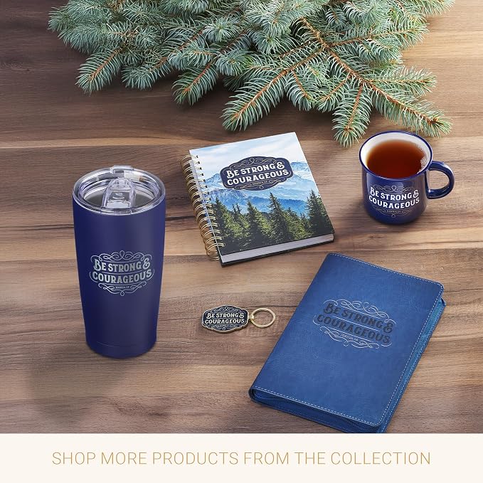 Christian Art Gifts Large Insulated Stainless Steel Travel Mug Tumbler for Men & Women: Strong & Courageous Uplifting Scripture, Double Wall Vacuum Sealed, Retractable Lid, Navy Blue & Silver, 18 oz.