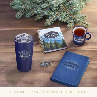 Christian Art Gifts Large Insulated Stainless Steel Travel Mug Tumbler for Men & Women: Strong & Courageous Uplifting Scripture, Double Wall Vacuum Sealed, Retractable Lid, Navy Blue & Silver, 18 oz.