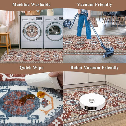 Washable Non-Slip Kitchen Rugs Set of 3 – Boho Soft Mats and Runner for Bathroom, Entryway, Hallway Room – Stain-Resistant Low-Pile Indoor Carpet (Red, 2x3+2x4+2x5)