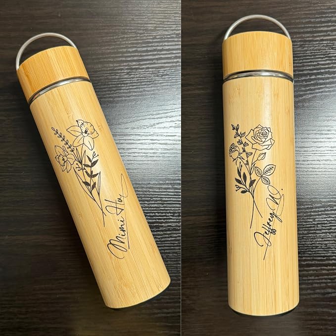 Custom Bamboo Water Bottle Personalized Bamboo Tumbler Engraved with Tea Infuser Insulated Bamboo Tea Infuser Mug Unique Gifts for Women, Mom, Coworkers (Birth Flower+Signature) (Style A)