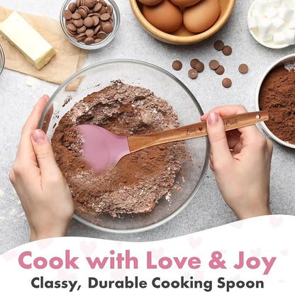 Gorgeous Heart shaped Bamboo Wooden Spoon with an engraved handle and heart shaped base hole for hanging The secret ingredient is Love The perfect addition to a kitchen (Pink Silicone)