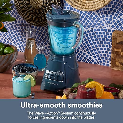 Hamilton Beach Power Elite Wave Action Blender For Smoothies, 40 Oz Glass Jar, 12 Functions Including Puree, Crush Ice, 700 Watts - Kitchen Makeover Blue (58155)