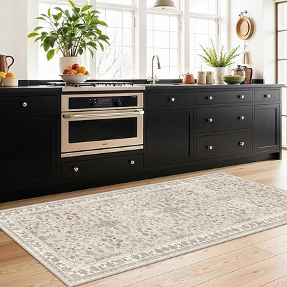 3x7 Washable Non-Slip Kitchen Runner Rug – Soft Low-Pile Stain-Resistant Carpet for Hallway Entryway Bedroom Laundry Room Bathroom – Boho Floral Wide Floor Runner with Rubber Backing (Beige,3x7)