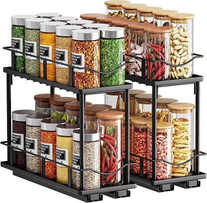 Bunoxea Pull Out Spice Rack 2 Pack,Slide Out Cabinet Spice Rack,Black | 2-Tier Rack, Full Extension Ball Bearing Glides, 10.7"Dx4.8"Wx8.85"H, Kitchen Pantry,Narrow Cabinet Spice Storage Organizer