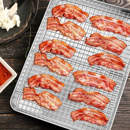 Stainless Steel Baking Sheet with Rack Set, E-far 12.4”x9.7” Cookie Sheet Broiling Pan for Oven, Rimmed Metal Tray with Wire Rack for Cooking/Baking/Cooling/Bacon, Non-toxic & Dishwasher Safe