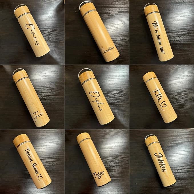 Custom Name Engraved Bamboo Water Tumbler Corporate Gift Personalized with Company Logo Wooden Insulated Travel Mug Employee Appreciation Business Gift, Tea Bottle with Infuser.