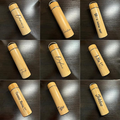 Custom Name Engraved Bamboo Water Tumbler Corporate Gift Personalized with Company Logo Wooden Insulated Travel Mug Employee Appreciation Business Gift, Tea Bottle with Infuser.