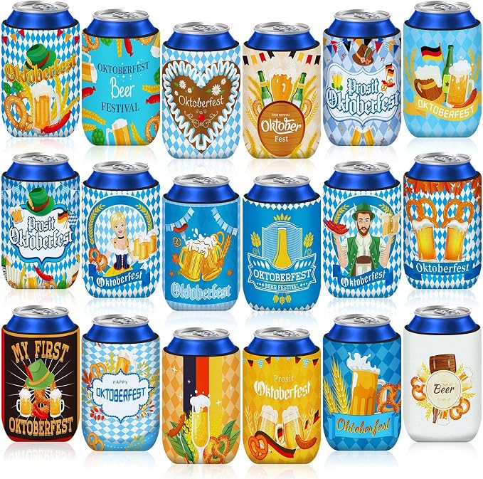 Oktoberfest Can Cooler Sleeves, 18pcs Oktoberfest 12 oz Cold Drinks Bavarian Style Beer Drink Can Bottle Cooler Sleeves for Oktoberfest Party Favors Decorations Supplies