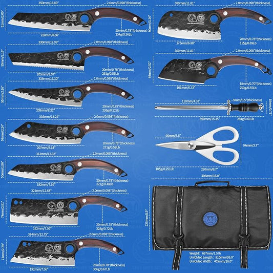 XYJ Professional Kitchen Knife Set with High-Carbon Steel Forged Blades, Chef's Knife, Cleaver, Carving Knife, Nakiri, Full Tang Design, Includes Carrying Bag & Poultry Scissors