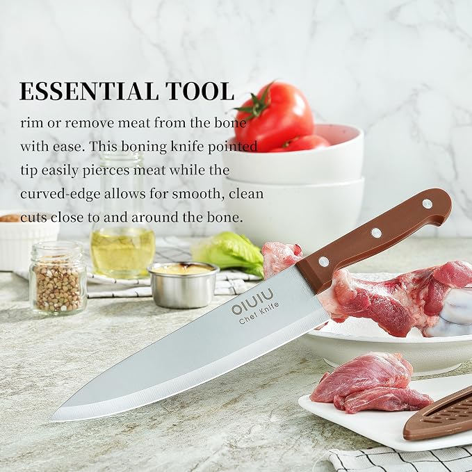 OLULU 8 inch Chef Knife, Razor Sharp Kitchen Knife with Protective Knife Sheath, Razor Sharp Slicing Knife with Ergonomic Handle, German Stainless Steel, Dishwasher Safe (Brown Color)
