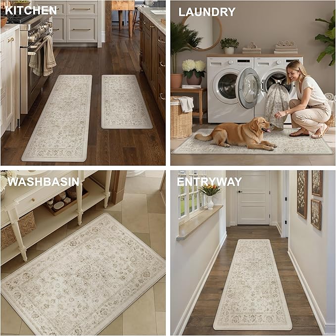 Anti Fatigue Kitchen Mats 2PCS Beige Neutral Mats for Cushioned Vintage Kitchen Matss for Floor Non-Slip Waterproof Comfort Standing Rug for Sink Laundry Office 17.3"×47"+17.3"×30"