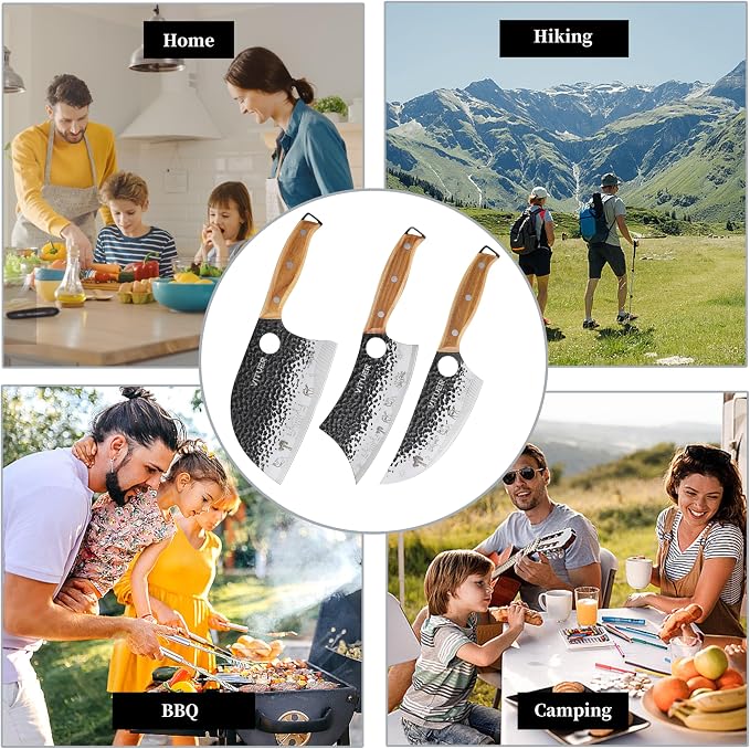 3PCS Butcher Knife Set, Hand Forged 7" Butcher Meat Cleaver, 7" Serbian Chef and 6.5" Viking Knife, Great for Indoor & Outdoor (Stylish Pattern Design)