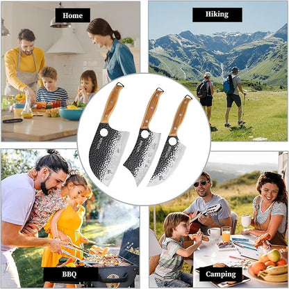 3PCS Butcher Knife Set, Hand Forged 7" Butcher Meat Cleaver, 7" Serbian Chef and 6.5" Viking Knife, Great for Indoor & Outdoor (Stylish Pattern Design)