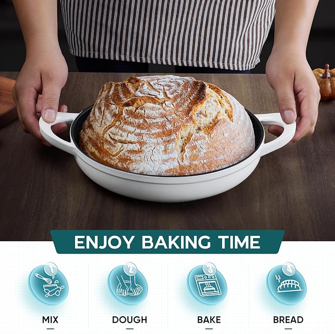 E-far Dutch Oven for Sourdough Bread Baking, 6 Qt Round Enameled Cast Iron Dutch Oven for Homemade Artisan Bread, Dome Lid & Shallow Base, Matte Black Interior & Durable, Oven-Safe to 500℉, White