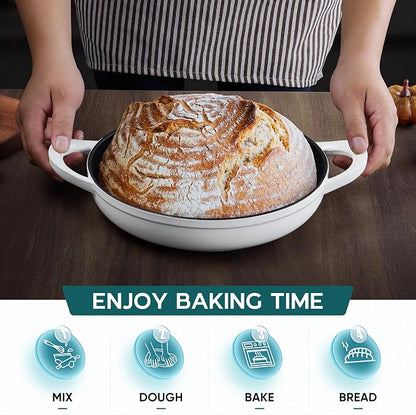 E-far Dutch Oven for Sourdough Bread Baking, 6 Qt Round Enameled Cast Iron Dutch Oven for Homemade Artisan Bread, Dome Lid & Shallow Base, Matte Black Interior & Durable, Oven-Safe to 500℉, White