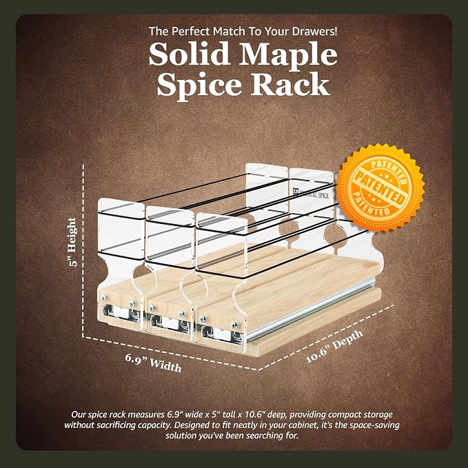 Vertical Spice Solid Maple Storage Rack Drawer - Sliding Spice Rack - Pantry Organizers and Storage - Kitchen Cabinet Organizer - Pull Out Shelf - Made in USA - 3 Drawers (6.9" W x 5.0" H x 10.6" D)