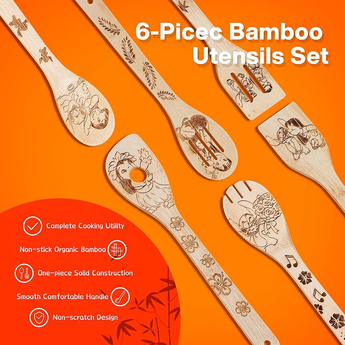 Stitch Wooden Cooking Utensils Set, 6-Piece Wooden Spoons and Spatulas for Cooking, Cartoon Style Kitchen Decor, Heat Resistant Tools for Nonstick Cookware, Housewarming Gift for Men and Women