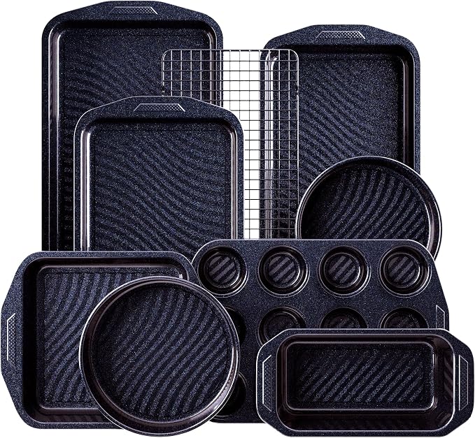 HONGBAKE 9-Piece Nonstick Bakeware Set, Wave Texture for Easy Release, 0.8mm Thick Non-Toxic Baking Pans Set, Includes Stackable Cookie Sheets, Shimmer Blue