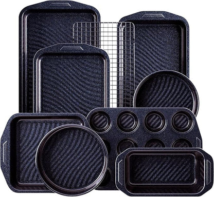 HONGBAKE 9-Piece Nonstick Bakeware Set, Wave Texture for Easy Release, 0.8mm Thick Non-Toxic Baking Pans Set, Includes Stackable Cookie Sheets, Shimmer Blue