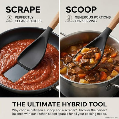 Silicone Spoon Spatula for Cooking, Flexible Spoon for Stirring, Scooping and Scraping, Safe for Nonstick Cookware, Black