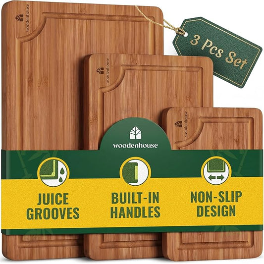 Wooden Cutting Board Set of 3 - Thick & Durable Bamboo Wood Cutting Boards for Kitchen - with Deep Juice Grooves & Built-In Handles - Large Surface, Easy to Clean - for Meat, Vegetables and Fruits