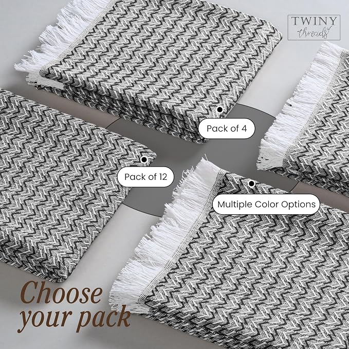 TWINY threads Kitchen Towel Chevron Weave, Premium Kitchen Linen Set, Large 100% Cotton Dish Rags, Absorbent Quick Drying for Daily Use, Washable Reusable, Set of 12, 16x26 Inches, Black