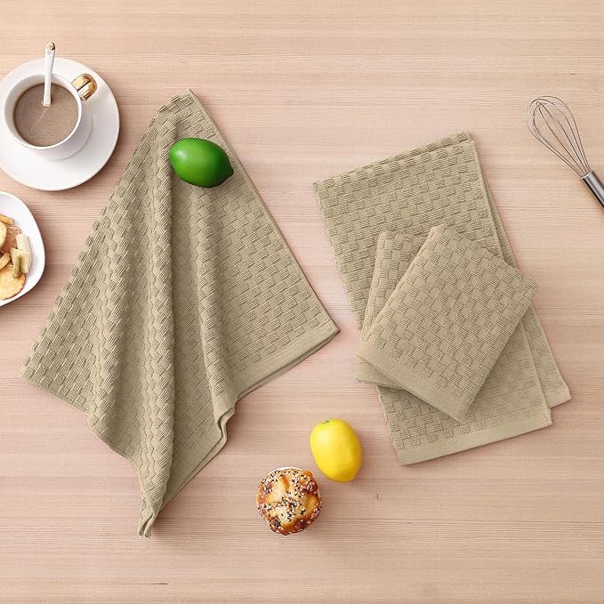 Homaxy 100% Cotton Kitchen Towels and Dishcloths Set, 12 x 12 & 15 x 25 Inches, Set of 12 Bulk Terry Cloth Dish Towels, Super Soft and Absorbent Hand Towel with Hanging Loop, Tan